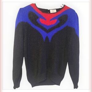 Vintage Piaf Graphic Knit Sweater Black Blue Red Angora Wool Medium